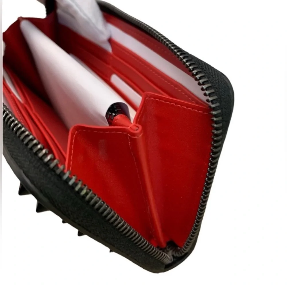 Like New Used Twice Christian Louboutin Black Studded Zip Wallet with Red Accent